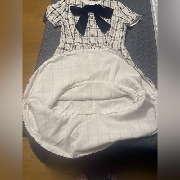 Ivy City Co Tweed Midi Dress Black White Bow Modest Feminine Size S - Picture 9 of 13